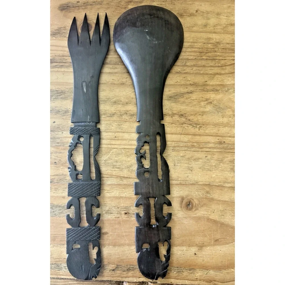 Large Vintage Tiki Hand Carved Wood Spoon Fork Set Polynesian Tribal 14